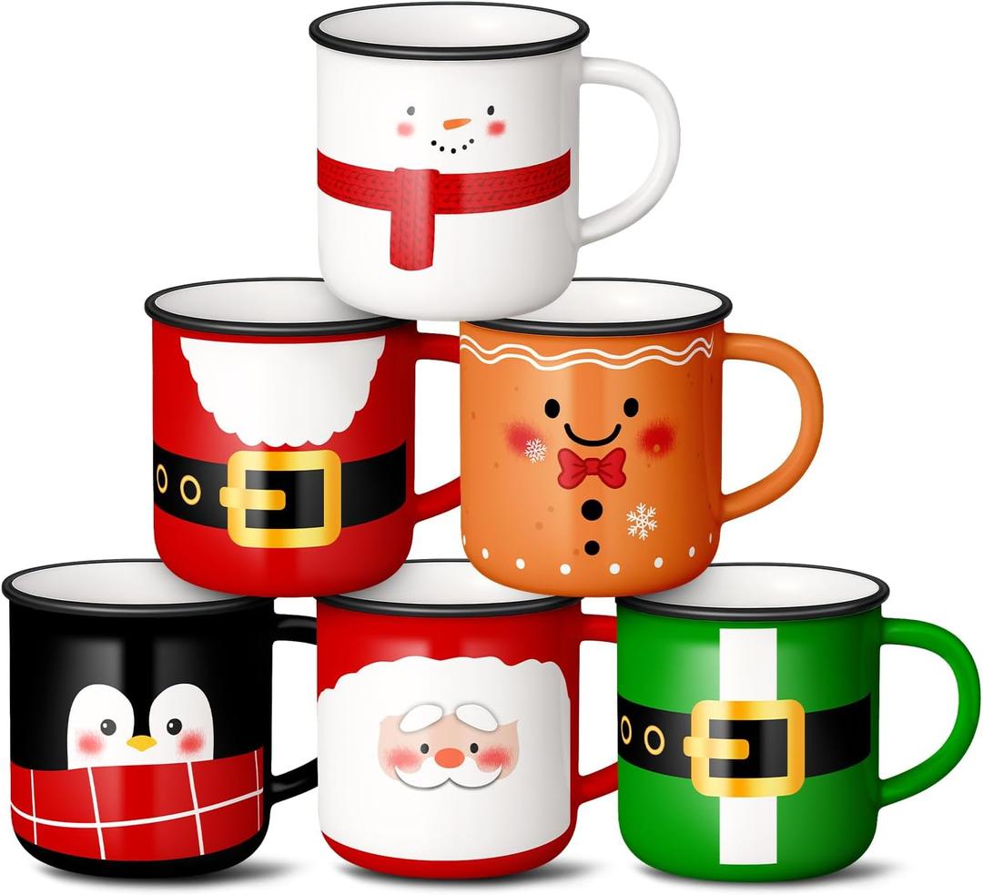 Christmas Mini Coffee Mug Set of 6, Holiday Tea Coffee Cups with Santa Snowman Gingerbread and Penguin Designs, Xmas Tiered Tray Decor for Winter Kitchen Coffee Bar Decorations Gift