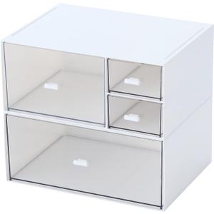 Desk Organizer with 4 Drawers, Makeup Organizer, Plastic Sundries Storage, Vanity Organizer, Cosmetic Storage Organizer, Desk Storage Box, Bathroom Counter or Dresser, White (CD-QBH-01)