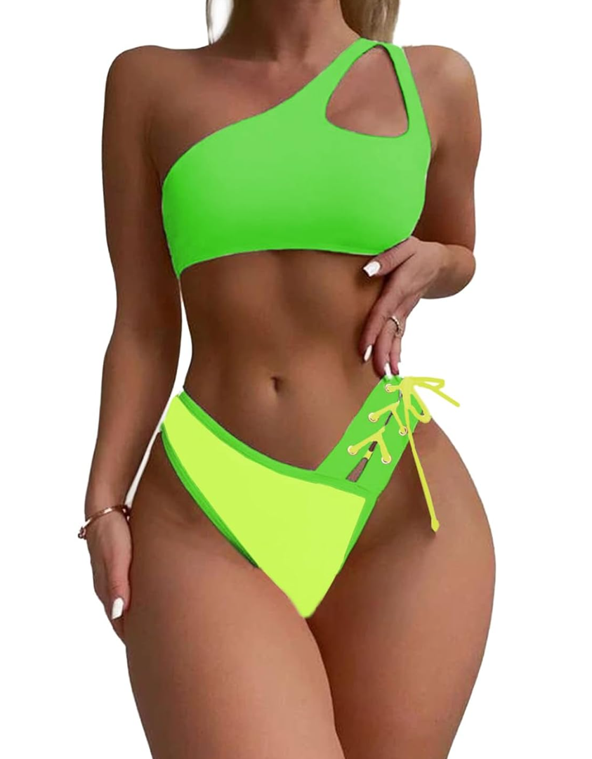 SherryDC Women's Cheeky Cutout One Shoulder Bikini Color Block V Cut High Leg Two Pieces Swimsuit L