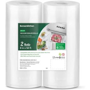 Bonsenkitchen Vacuum Sealer Bags, 8" x 50' Rolls 2 pack for Food Storage Saver, Bpa Free, Heavy Duty, Commercial Grade Textured Food Roll, Customized Size Bag for Sous Vide Cooking,VB3209