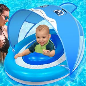 AMENON Dolphin Inflatable Baby Pool Float for Toddlers 6-36 Months with UPF50+ 4 Stage Adjustable Sun Canopy, Non-Flip Safety Seat, Dual Air Chambers, Infant Swim Training Float for Pool