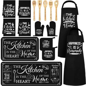 Bencailor 17 Pcs Black and White Kitchen Sets Washable and Non-slip Kitchen Rug and Mat Black Mitts and Pot Holders Classic Theme Apron Dish Towels Wooden Spoons for Home Decoration Housewarming Gifts