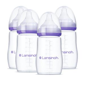 Lansinoh Anti-Colic Baby Bottles for Breastfeeding Babies, 8 Ounces, 4 Count, Includes 4 Medium Flow Nipples, Size Medium