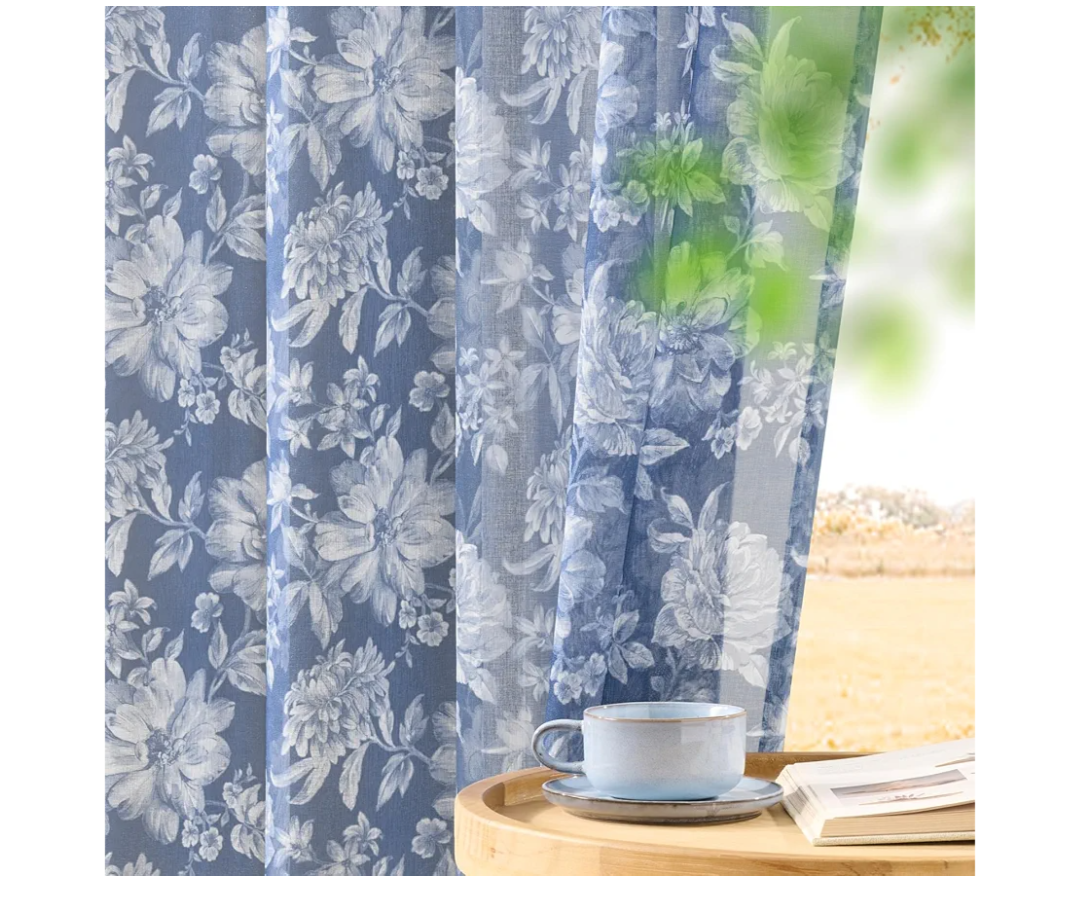 Sheer Floral Curtains 63 Inch Length 2 Panels for Bedroom Cottage Rod Pocket Light Filtering Moonlight Blue Flower Sheer Curtains for Kids Room Decor Modern Casual Ocean Window Drapes, 52x63 Blue