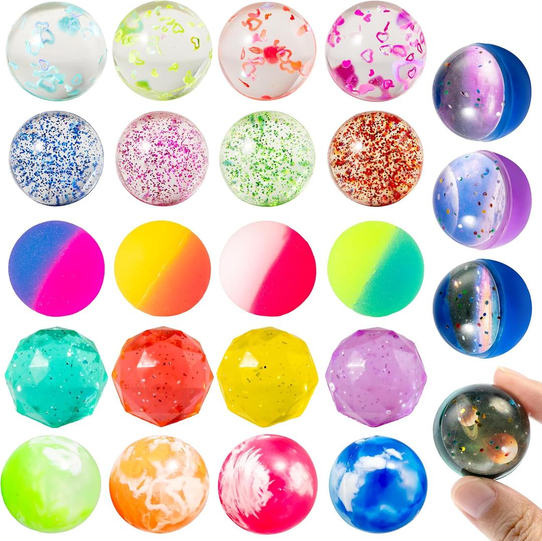 JOYIN 24 PCS Multistyle Bouncy Balls, 6 Styles 32mm Assorted Bouncy Balls Bulk with Storage Bag, Bounce Toys for Kids Party Favors Birthdays Gifts Goodie Bags Stuffers Carnival Prizes