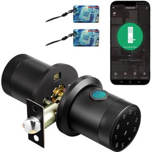 Fingerprint Door Knob, Keyless Entry Smart Door Knob with Touchscreen Keypad, Key FOB, App Control, Auto Lock, Voice Prompts, 300+ User Capacity, Door Lock for Bedroom, Gate, Office, Matte Black