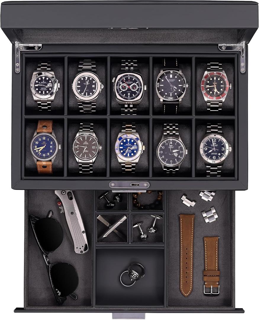ROTHWELL 10-Slot Watch Box in Leather with Valet Drawer, Luxury Watch Case Display Organizer with Ultra Soft Microsuede Liner, Jewelry and Sunglass Holder With Large Glass top (Carbon)