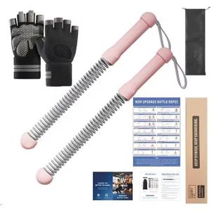Cordless Battle Ropes (2 PCS) Portable Weighted Ropeless Battle Rope Sticks with Hand Gloves for HIIT Workout, Home Gym Strength & Cardio Training (Pink)