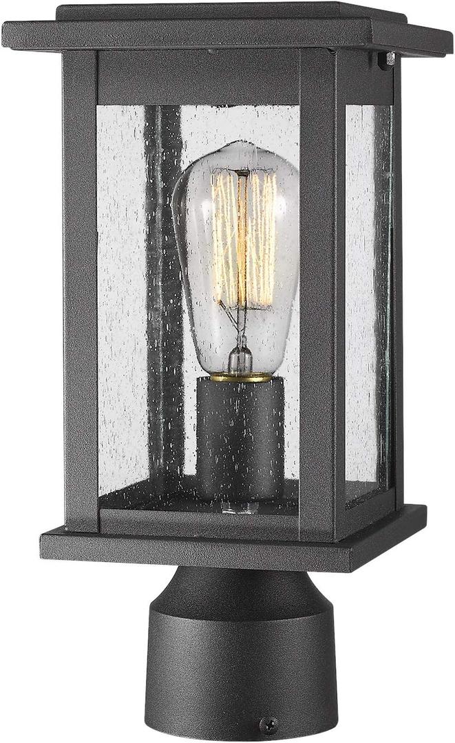 Emliviar Outdoor Post Light Fixtures, 1-Light Pillar Light in Black Finish with Seeded Glass, 1803EW1-P