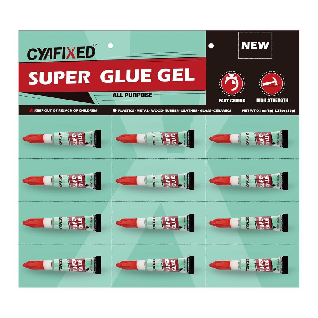 Super Glue Gel 3 Gram (Pack of 12), Clear Instant CA Glue Multipack for Plastic Ceramic Glass, Strong All Purpose Single Use Cyanoacrylate Adhesive for Metal Wood Shoe Aquarium Rubber Leather Craft
