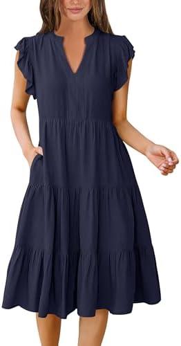 ANRABESS Womens Summer Dress Ruffle Sleeve V Neck Midi Dresses Fashion Casual Fit Flowy Tiered Boho Beach Vacation Sundress, Extra Large, Deep Navy Blue 