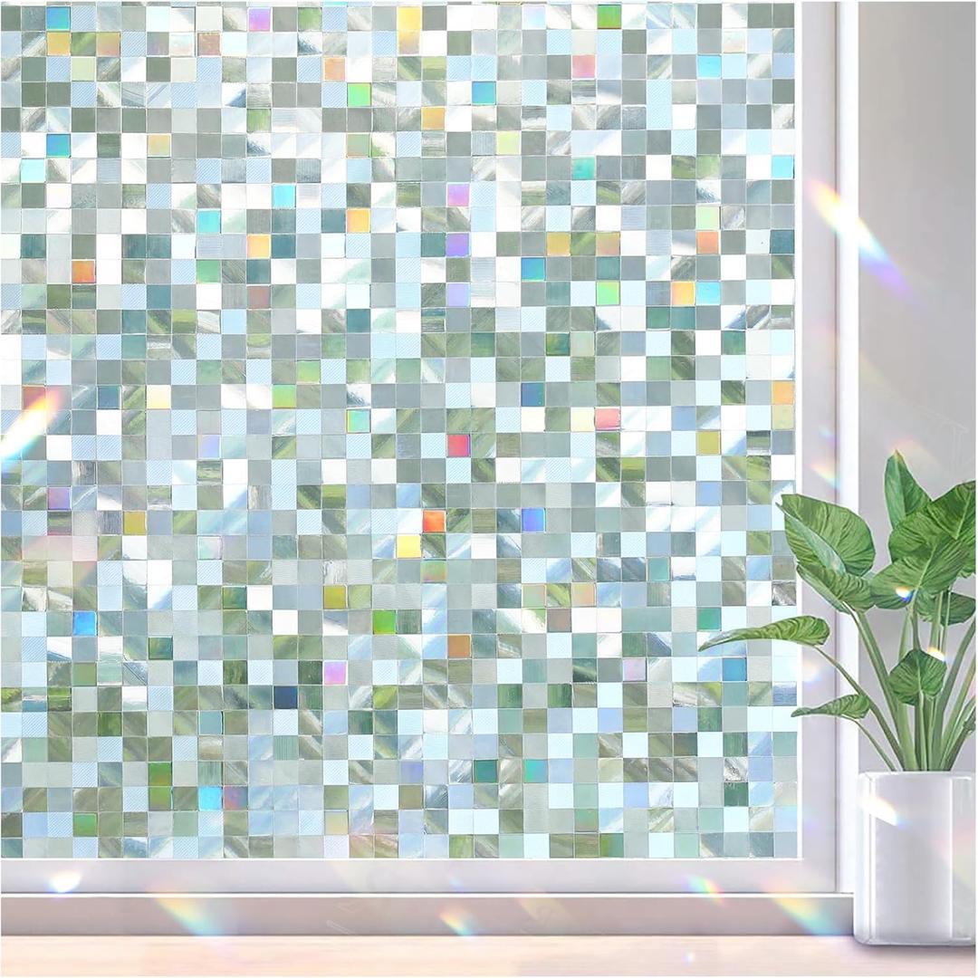 rabbitgoo Stained Glass Window Privacy Film Mosaic Pattern, Frosted Glass Window Film Rainbow Decorative Sticker, Static Cling UV Blocking Suncatcher for Home, 17.5 x 78.7 Inches (Clear)