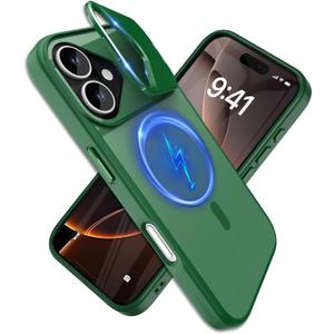 YFEMLAZ for iPhone 16 Case(Built-in Invisible Kickstand) Heavy Duty MagneticCompatible with MagSafe Military-Grade Drop Protection,Translucent Matte for iPhone 16 Case 6.1",Green