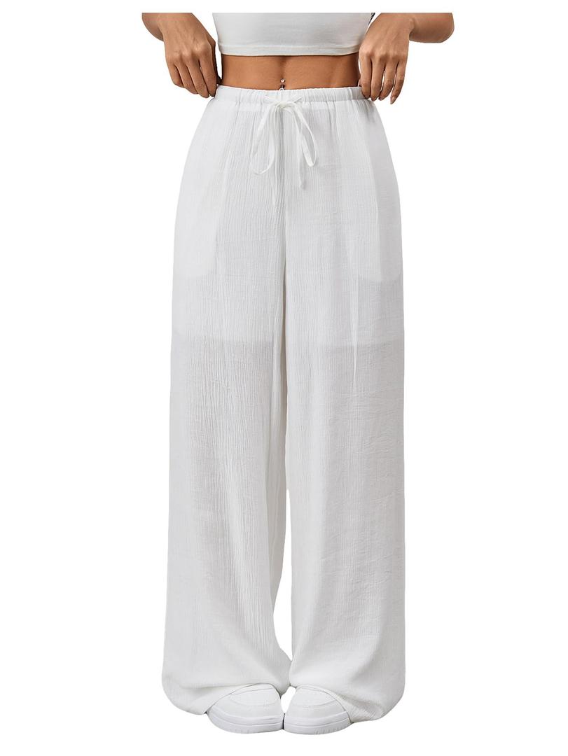 SHENHE Women's Drawstring Tie Front Straight Leg Pants Wide Leg Elastic Waist Pants White Medium (White, M)