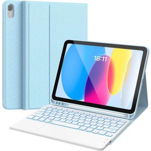 CHESONA for iPad 10th Generation Case with Keyboard, 7 Color Backlight, Multi-Touch Trackpad, Flip Stand Case with Pencil Holder, 2 Wireless Channels for iPad (A16) 11th/10th Gen (2025/2022), Blue