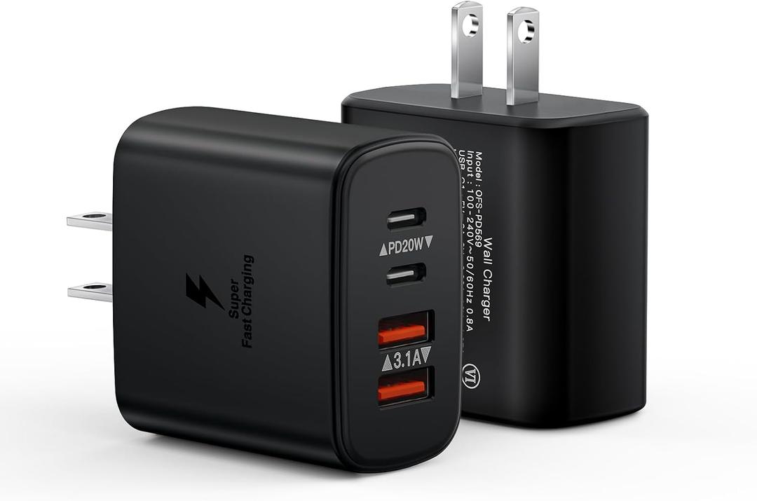 2-Pack USB C Charger Block, 40W Fast USB C Charging Block, 4-Port PD Power Adapter + QC Wall Plug Multiport Type C Charging Block Cube Compatible with iPhone 15 14 13 12 11 Pro Max XR XS 8 7, Samsung