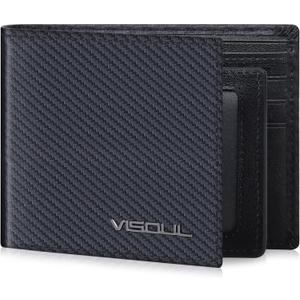 VISOUL Mens Carbon Fiber Leather Bifold Wallet with 2 ID Windows, RFID Blocking Secure Designer Wallets for Men with Two Cash Compartments (Black+Black)