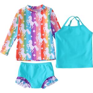 Toddler Baby Girls 3-Piece Rashguard Sets Swimwear Bathing Suit Long Sleeve Swimsuit Sunsuit Swim Shirt UPF 50+ (6-12 Months, Colorful-unicorn)