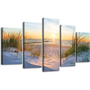 Canvas Wall Art For Living Room Large Size Wall Decor For Bedrooms Beach Grass Blue Ocean Landscape Painting Office Wall Decorations Seascape Print Canvas Pictures Artwork Home Decor Works 5 Piece (Overall 40"W x 20"H, Blue Sun Beach Grass Ocean Landscape)