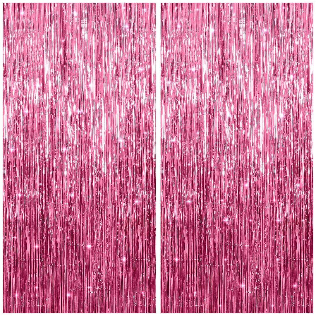 KatchOn, Pink Streamers for Pink Party Decorations - XtraLarge 3.2x8 Feet, Pack of 2 | Pink Backdrop for Birthday Decorations | Pink Tinsel Backdrop for Bachelorette, Wedding, Baby Shower Decorations