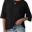Saodimallsu Womens Half Sleeve Sweater Tops Summer Crew Neck Casual Loose Lightweight Sweaters Knit Pullover Shirts (Large, Black)