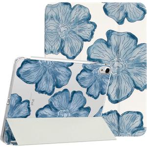 Compatible for iPad Air 6th 11-inch M2 (2024),iPad Air 5/4 (2022/2020 5th/4th Generation 10.9-Inch) Case with Pencil Holder Cute Floral Soft TPU Trifold Stand Protective-Blue Flower