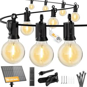 Brightown 75FT Solar String Lights Outdoor with Remote and 36 LED Shatterproof Bulbs, Dimmable & Timable, 3 Light Modes, Solar Patio String Lights Outdoor for Cafe, Garden, Deck, Outside Wedding
