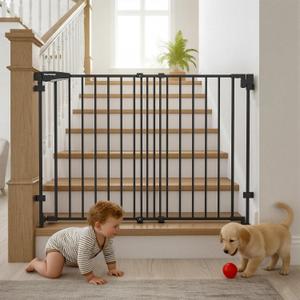 Mumeasy 29.5-43.3" Baby Gate for Stairs, No Bottom Bar Dog Gate with Removable Door & Slide-Adjust Drill Mount, Extra Wide Stairway & Hallway Walk Thru Pet Safety Gate for Doorways, Kitchen (Black)