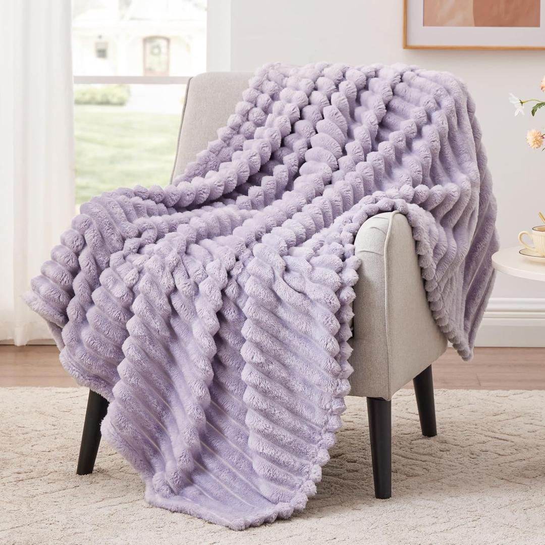 EXQ Home Fleece Throw Blanket for Couch or Bed - 3D Stripe Jacquard Decorative Blankets - Cozy Soft Lightweight Fuzzy Flannel Blanket Suitable for All Seasons(50"×60", Light Purple)