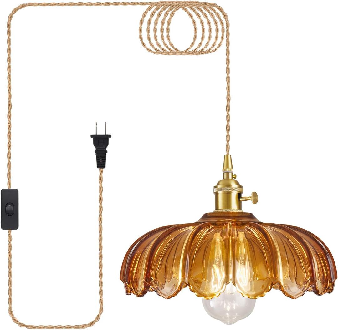 Plug in Pendant Light, Hanging Lights with Plug in Cord, Hanging Light Fixture with Amber Color Glass, E26 Pendant Lighting for Kitchen Island, Bedroom, Dining Room-Browm