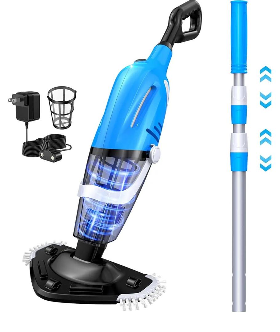 Pool Vacuum for Above Ground Pool with a Telescopic Pole80Mins Runtime, Handheld Rechargeable Pool Cleaner with Powerful Suction for Above Ground/Inground Pools, Hot Tubs, Spas