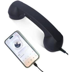 Retro Phone Handset, Vintage Style Landline Handle Receiver with Answer Button, Wired Type-C Adapter for Cell Phones - Compatible with Mobile Calls, Video Conferences & Meetings (Black)
