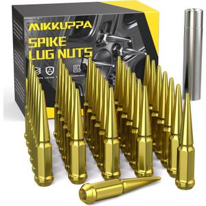 MIKKUPPA M14x1.5 Wheel Spike Lug Nuts, 32 PCS Gold Spiked Lug Nuts 14mmx1.5 Solid 4.4" Tall Acorn Lug Nut with 1 Socket Key Replacement for Chevy Silverado 1500 2500 3500, F150 F250 F350