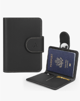 ALLIVE Passport Holder for Travel, Genuine Leather Passport Holder with AirTag Hidden Pocket, Rfid Blocking Passport Cover Travel Wallet for Women Men, Airport Essentials Gift (Black)