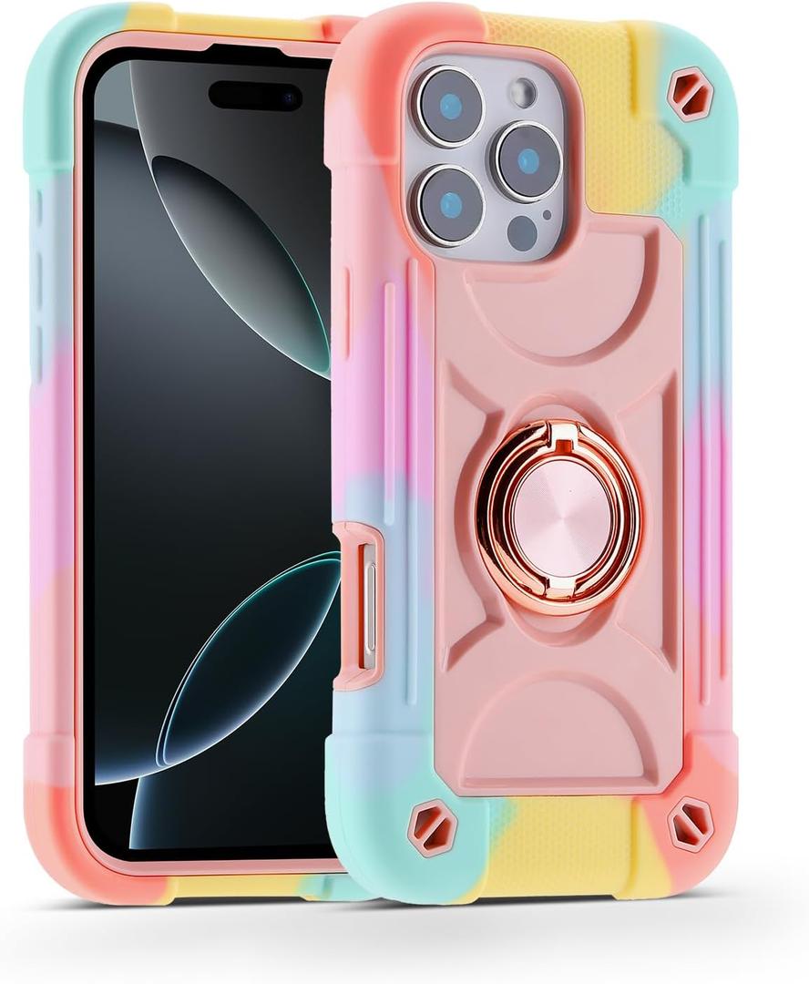 MARKILL Compatible with iPhone 16 Pro Max Case 6.9 Inch with Ring Stand, Heavy-Duty Military Grade Shockproof Phone Kids Cover for iPhone 16 Pro Max (Rainbow Pink)
