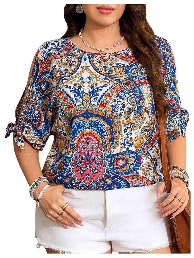 Women's Boho Paisley Print Blouse - Cut-Out Detail, Split Bow Sleeves, Breathable Short Sleeve Top for Casual Summer Outfits, Size: XL