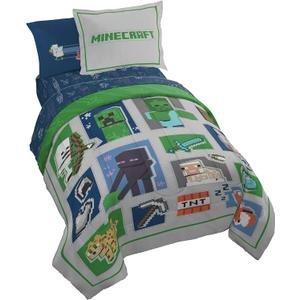 Jay Franco Minecraft 7pc Full Bed Set - Includes Comforter, Sheet Set & Decorative Pillow Shams - Features Creeper, Ghost, Zombie & Enderman Characters
