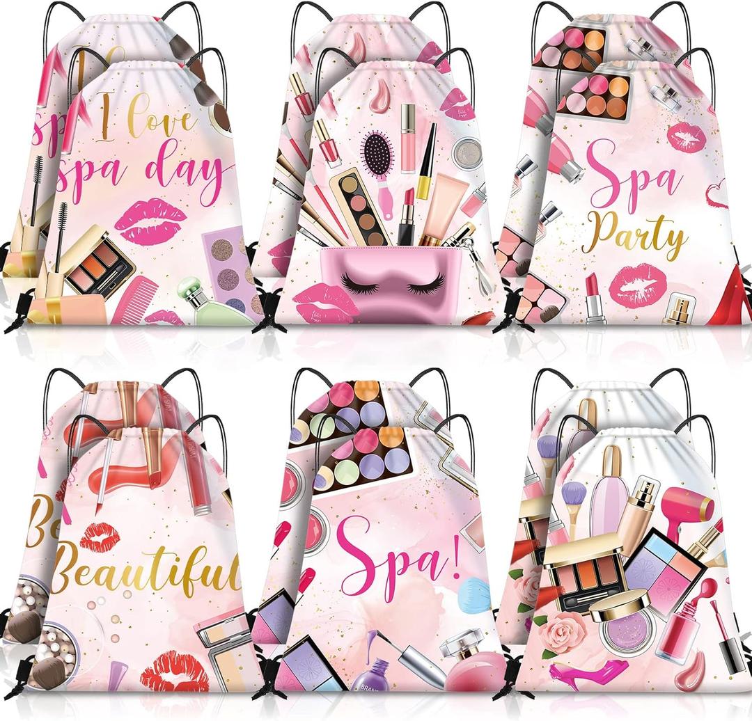 Equsion 12 Pcs Spa Party Favor Bags Drawstring Backpack Gift Bags for Girls Women Makeup Birthday Party Decorations Salon Baby Shower Spa Decorations, 12 x 10 Inch