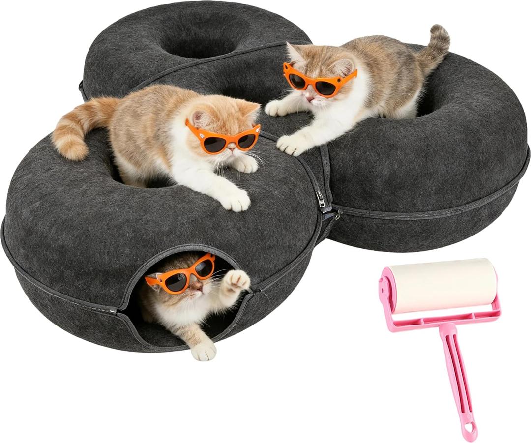4-in-1 Large Cat Tunnel Bed for Multiple Large Cats, Scratch Resistant Donut & Detachable & Washable Donut Cat Bed,Up to 45 Lbs (L 40x40x11,Charcoal Gray),Bonus Pet Hair Remover Included