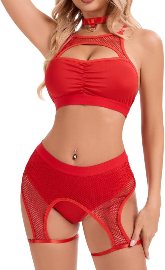 Women's Rave Outfits : 3Pcs Fishnet Lingerie Set with Cutout Top, Booty Shorts & Choker for Festival or Babydoll Nightwear (Red, M)