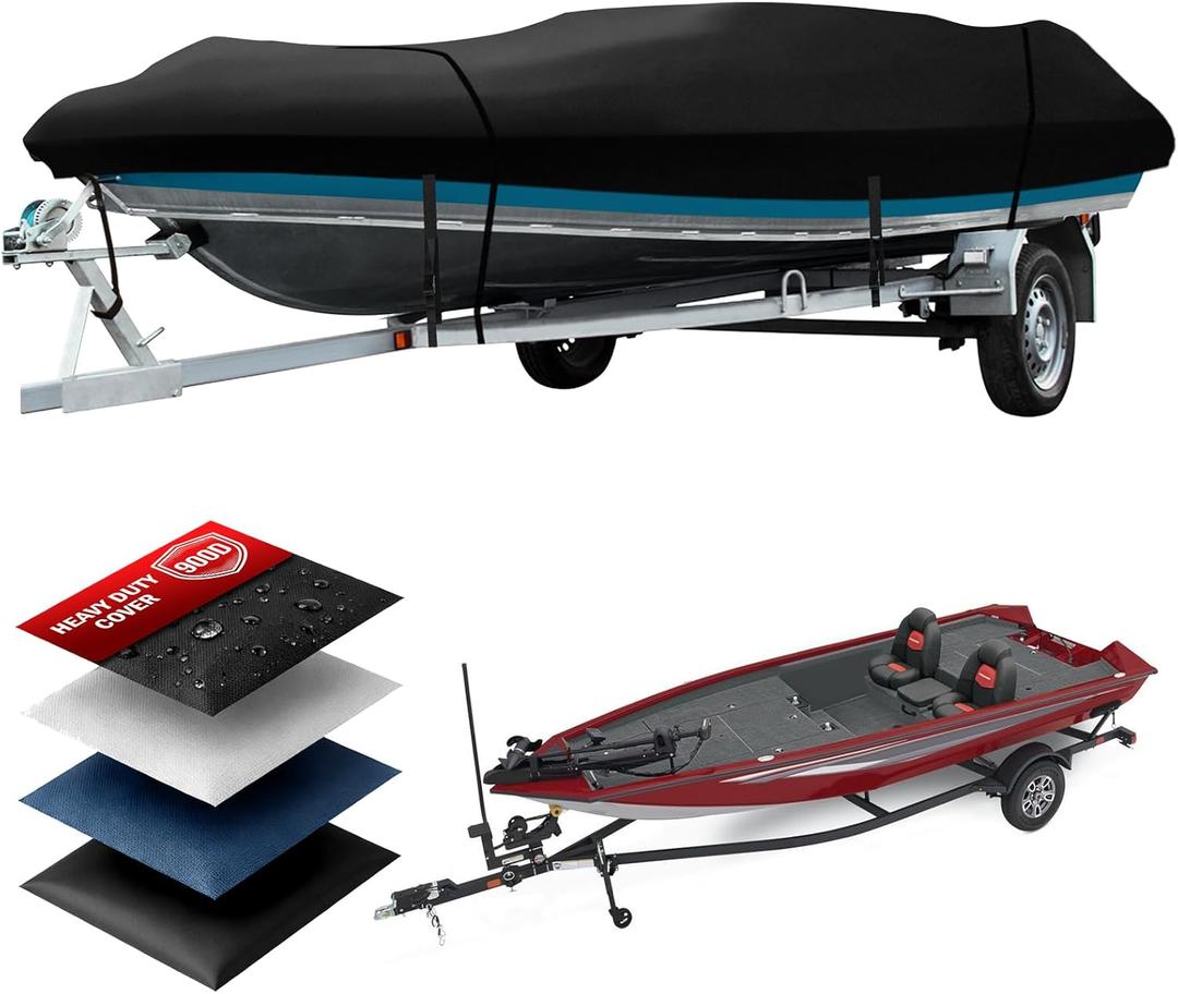 Heavy Duty Jon Boat Cover, 14.1-17ft Marine Grade Waterproof Tarp Covers with Adjustable Windproof Tightening Strap & Anti-UV fit 14ft 15ft 16ft 17ft Jon Boat/V-Hull/Fishing Boat