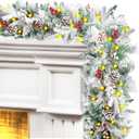 Christmas Garland 9 ft with Lights & Timer, Prelit Xmas Snowy Garland for Outdoor Christmas Decoration with Cypress Pine Cone Berries, Battery Operated Christmas Lights for Indoor, Party, Home Decor