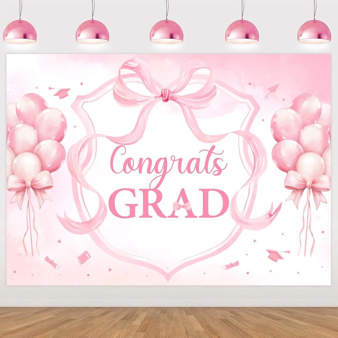 Pink Bow Graduation Party Decorations Backdrop Banner 7 x 5 ft Congrats Grad Background Photo Booth Prop Vinyl Pre-Punched Hole for Girl Class of 2026 Congrats Grad Congratulations Party