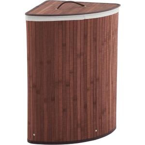 GarveeHome Corner Laundry Hamper with Lid, 15.3 Gal / 58 L Large Foldable Bamboo Laundry Basket with Washable Liner Bag, Wicker Clothes Hamper for Bedrooms Bathrooms Apartments, Brown