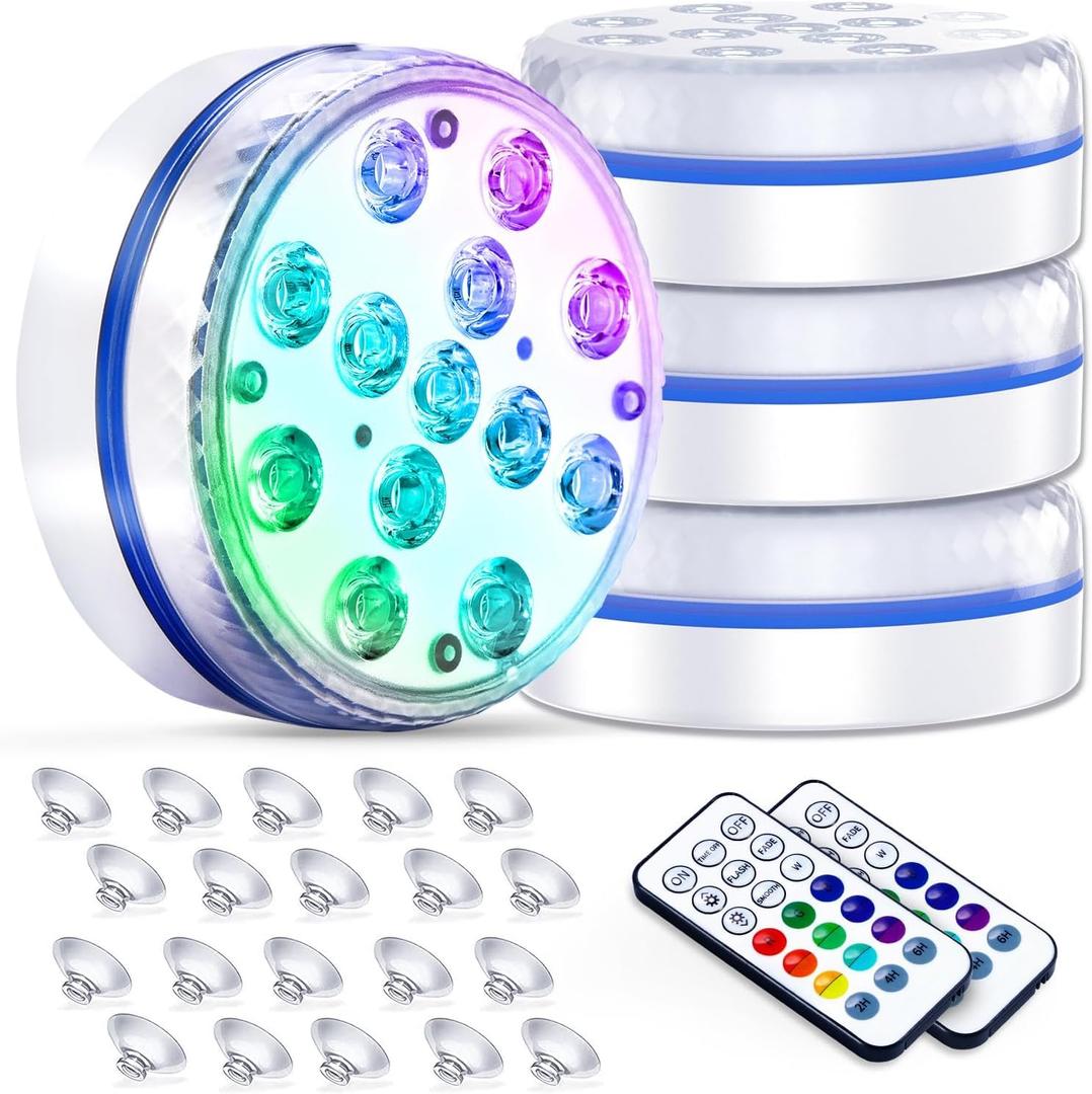 Submersible Led Pool Lights for Above Ground Pools IP68 Waterproof Inground Pond Light Underwater with 4 Magnets, 4 Suction Cups and 16 RGB Dynamic Color, for Father's Day Party Decorations (4pack)