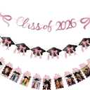 Frienda 3 Pcs Pink Graduation Photo Banner Party Decoration K-12 Glitter Bow Grad Cap Congrats Grad Picture Banner Class of 2026 Graduation Decoration Middle High School College Party Supplies