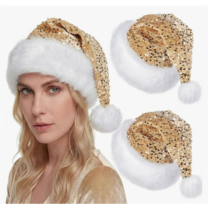 2 Pcs Sequin Santa Hat Glitter Christmas Hat Shiny Sequin Sparkle Bling Xmas Cap Adult Women Men Holiday Party