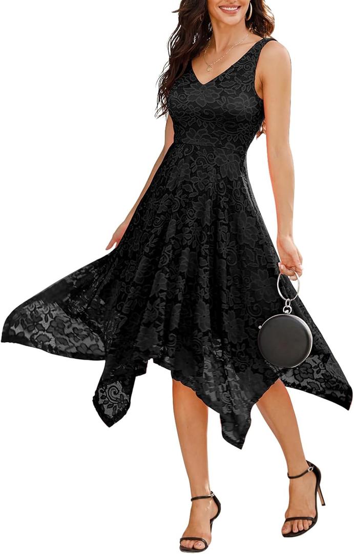 Meetjen Women's Lace Cocktail Party Dress 2025 Handkerchief Hem Bridesmaid Prom Formal Dresses for Wedding Guest (Large, Black)