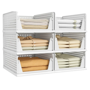 Pinkpum 6 Pack Closet Organizers Storage Bins, Stackable Plastic Drawer Basket for Clothing, Stackable Storage Bins Shelf Storage Container for Closet Wardrobe Bedroom Bathroom Office White