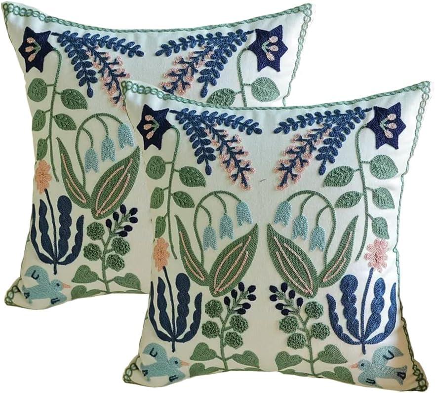 YIcabinet Pillow Covers Set of 2, Embroidered Branch Pattern Throw Pillow Cover,Square Cotton Cushion,Pillow Case for Sofa Bedroom Couch, 18"x18"